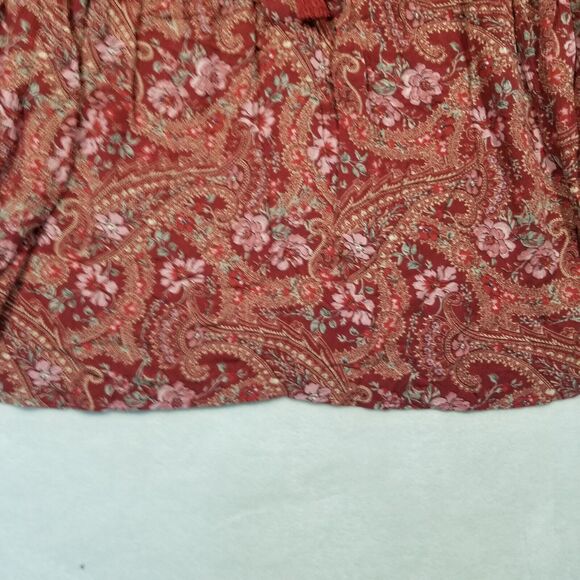 American Eagle Womens Medium Boho Peasant Top Red Paisley Balloon Sleeve Viscose - Picture 2 of 11